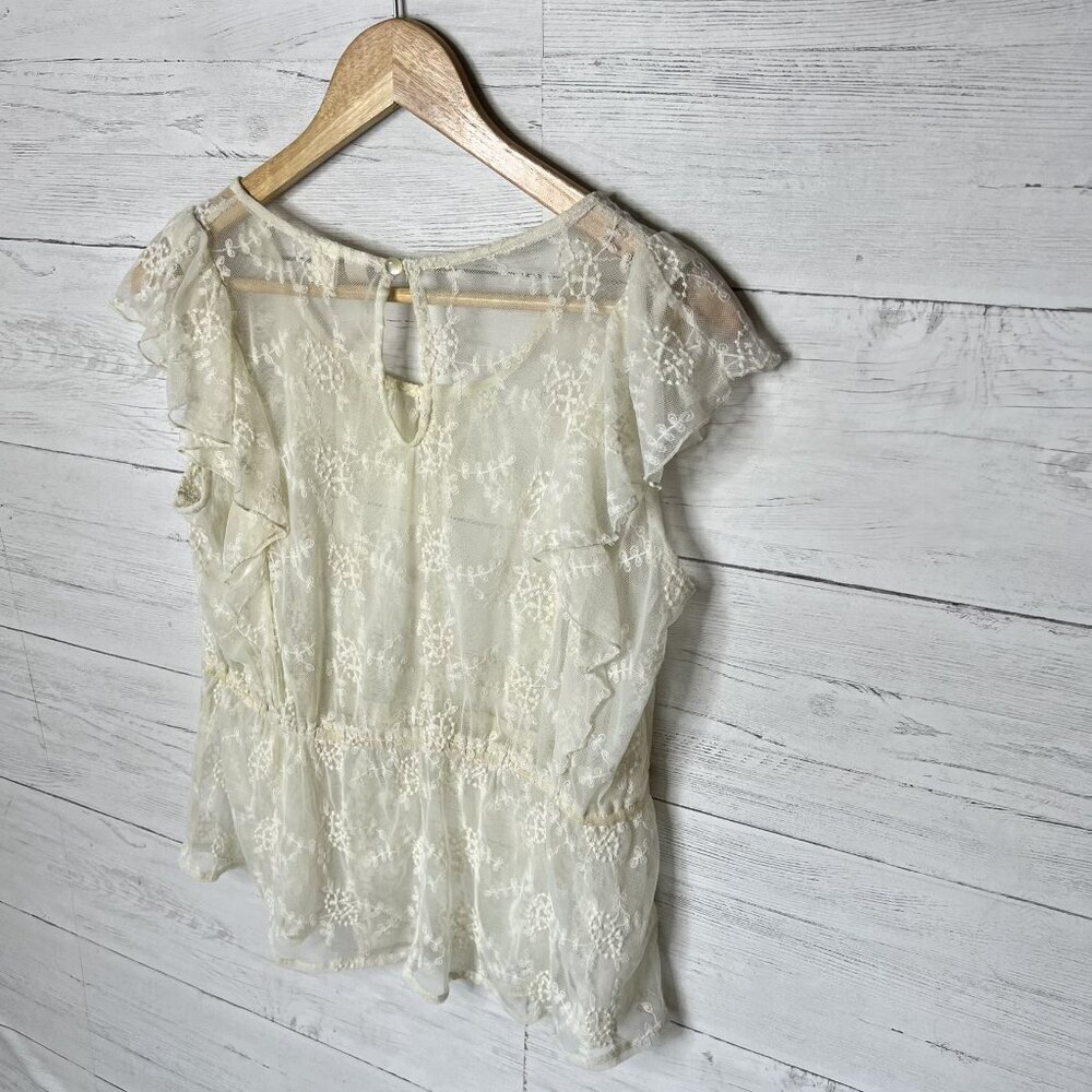 Adiva Top Womens Size Small Ivory Lace Floral Mesh Flutter Sleeves Peplum Ruffle - Picture 12 of 16